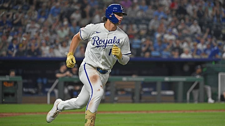 Jun 10, 2025; Kansas City, Missouri, USA;  Kansas City Royals first baseman Jac Caglianone (14) runs to first base after hitting a single in the ninth inning against the New York Yankees at Kauffman Stadium. Mandatory Credit: Peter Aiken-Imagn Images