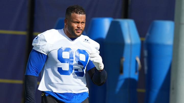 Aug 30, 2026; Woodland Hills, CA, USA; Los Angeles Rams defensive end Aaron Donald (99) at practice at the Rams Practice Facility.  Mandatory Credit: Kirby Lee-Imagn Images