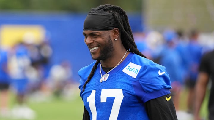 May 28, 2025; Woodland Hills, CA, USA; Los Angeles Rams wide receiver Devante Adams (17) walks to the locker room after organized team activities at Rams Practice Facility. Mandatory Credit: Kirby Lee-Imagn Images