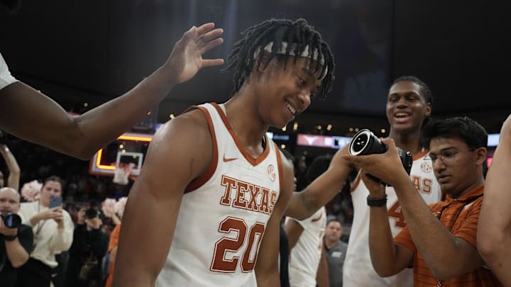Feb 15, 2025; Austin, Texas, USA; Texas Longhorns guard Tre Johnson (20) reacts after a win over the Kentucky Wildcats at Moody Center. Mandatory Credit: Scott Wachter-Imagn Images