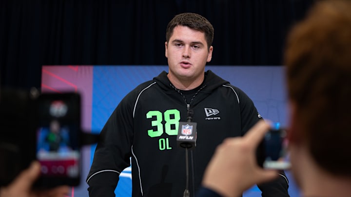 Feb 28, 2026; Indianapolis, IN, USA; Duke offensive lineman Brian Parker (OL38) speaks to members of the media during the NFL Combine at the Indiana Convention Center. Mandatory Credit: Jacob Musselman-Imagn Images
