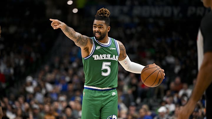 Oct 26, 2025; Dallas, Texas, USA; Dallas Mavericks guard D'Angelo Russell (5) brings the ball up court during the game between the Mavericks and the Raptors at the American Airlines Center. Mandatory Credit: Jerome Miron-Imagn Images