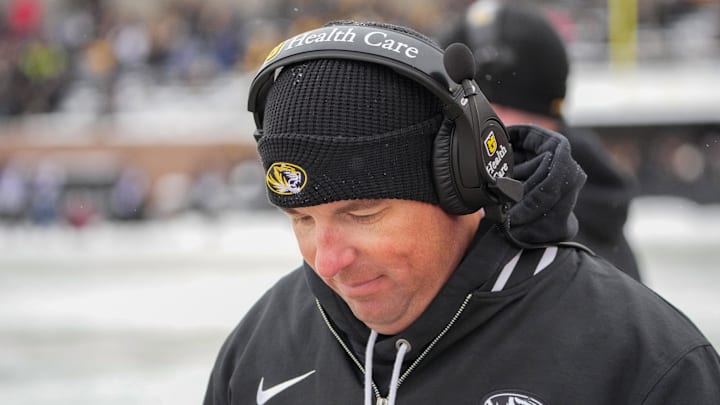Nov 30, 2024; Columbia, Missouri, USA; Missouri Tigers head coach Eli Drinkwitz on the sidelines against the Arkansas Razorbacks during the first half at Faurot Field at Memorial Stadium. Mandatory Credit: Denny Medley-Imagn Images