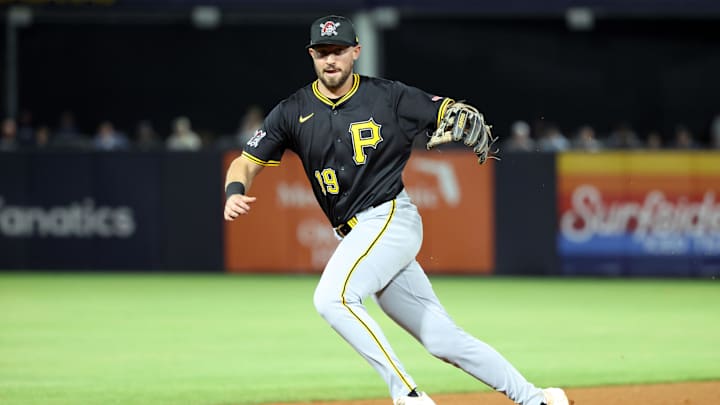 Mar 3, 2025; Tampa, Florida, USA;  Pittsburgh Pirates third base Jared Triolo (19) runs after the ball during the fifth inning against the New York Yankees at George M. Steinbrenner Field. Mandatory Credit: Kim Klement Neitzel-Imagn Images
