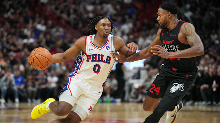Apr 4, 2024; Miami, Florida, USA; Philadelphia 76ers guard Tyrese Maxey (0) drives past Miami Heat Apr 4, 2024; Miami, Florida, USA; Philadelphia 76ers guard Tyrese Maxey (0) drives past Miami Heat