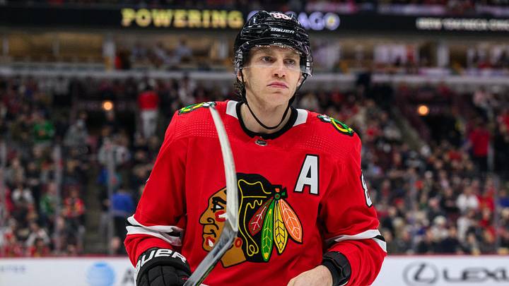Jan 3, 2023; Chicago, Illinois, USA; Chicago Blackhawks right wing Patrick Kane (88) looks on against the Tampa Bay Lightning during the first period at the United Center. Mandatory Credit: Daniel Bartel-USA TODAY Sports