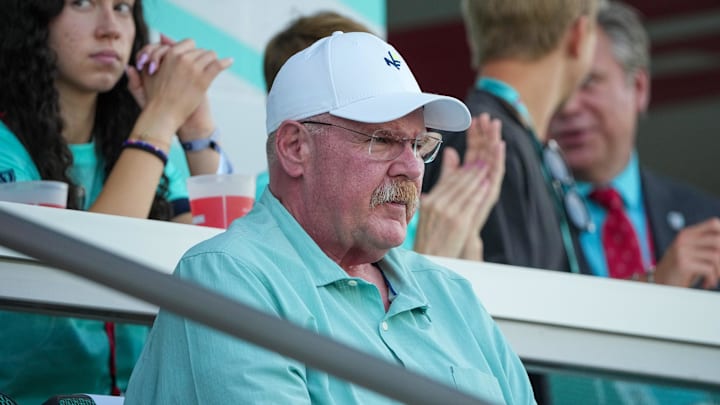 Jun 14, 2025; Kansas City, Missouri, USA; Kansas City Chiefs head coach Andy Reid watches play during the first half of the game between the Kansas City Current and Racing Louisville FC at CPKC Stadium. Mandatory Credit: Denny Medley-Imagn Images