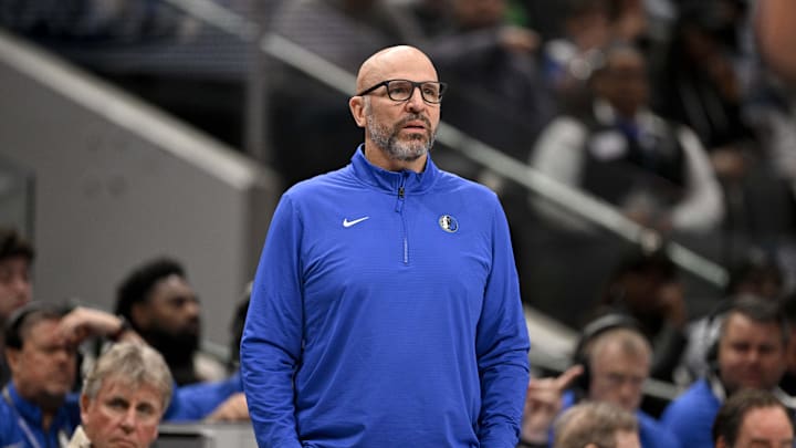 Jan 12, 2025; Dallas, Texas, USA; Dallas Mavericks head coach Jason Kidd looks on during the first quarter at against the Denver Nuggets the American Airlines Center. Mandatory Credit: Jerome Miron-Imagn Images