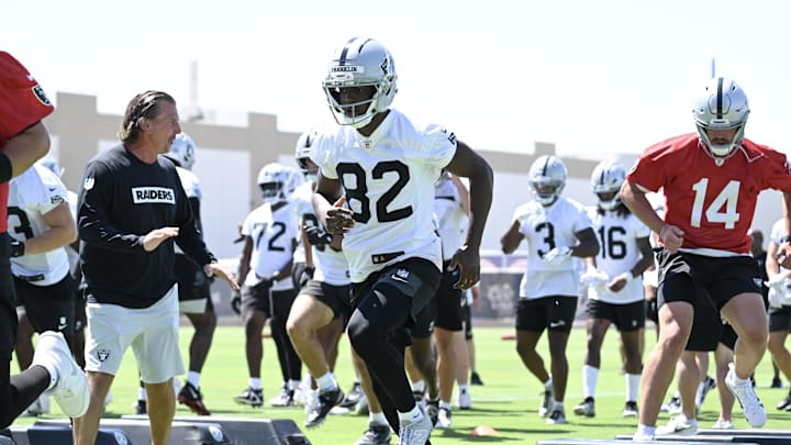 Jun 10, 2025; Henderson, NV, USA; Las Vegas Raiders wide receiver Zakhari Franklin (82) performs a drill during Las Vegas Raiders Minicamp at Intermountain Health Performance Center. Mandatory Credit: Candice Ward-Imagn Images