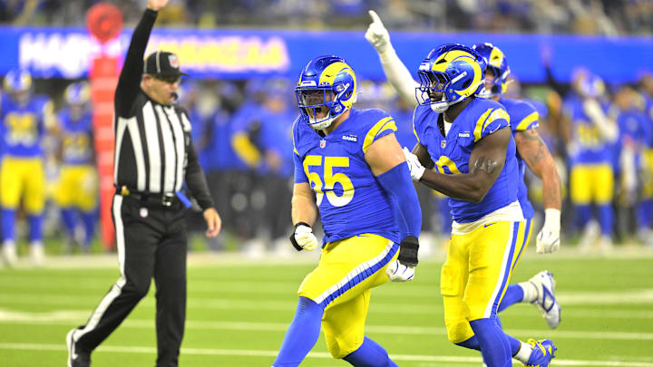 Dec 28, 2024; Inglewood, California, USA; Los Angeles Rams defensive tackle Braden Fiske (55) celerates after a sack of Arizona Cardinals quarterback Kyler Murray (1) in the first half at SoFi Stadium. Mandatory Credit: Jayne Kamin-Oncea-Imagn Images Dec 28, 2024; Inglewood, California, USA; Los Angeles Rams defensive tackle Braden Fiske (55) celerates after a sack of Arizona Cardinals quarterback Kyler Murray (1) in the first half at SoFi Stadium. Mandatory Credit: Jayne Kamin-Oncea-Imagn Images