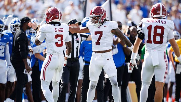 Sep 12, 2026; Lexington, Kentucky, USA; Alabama Crimson Tide linebacker Caleb Woodson (7) and defensive back Keon Sabb (3) celebrate after a defensive stop during the first quarter against the Kentucky Wildcats at Kroger Field. Mandatory Credit: Jordan Prather-Imagn Images Sep 12, 2026; Lexington, Kentucky, USA; Alabama Crimson Tide linebacker Caleb Woodson (7) and defensive back Keon Sabb (3) celebrate after a defensive stop during the first quarter against the Kentucky Wildcats at Kroger Field. Mandatory Credit: Jordan Prather-Imagn Images