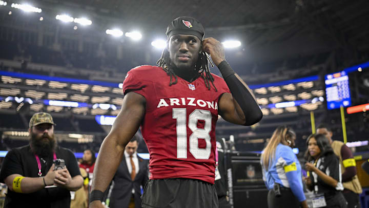 Nov 3, 2025; Arlington, Texas, USA; Arizona Cardinals wide receiver Marvin Harrison Jr. (18) walks off the field after the game between the Dallas Cowboys and the Arizona Cardinals at AT&T Stadium. 