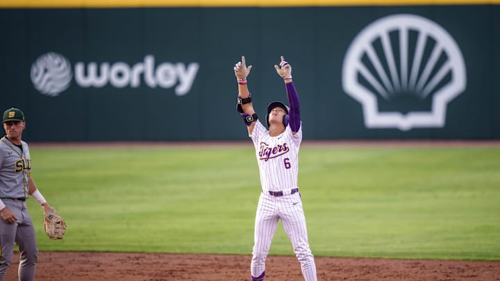 Apr 28, 2026; Baton Rouge, LA, USA; Louisiana State Tigers outfielder Derek Curiel (6) celebrates a double against Southeastern Louisiana at Alex Box Stadium. Mandatory Credit: Matthew Hinton-Imagn Images
