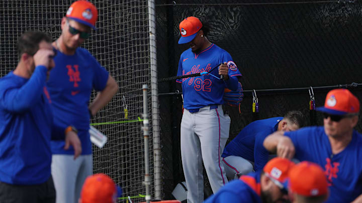 Feb 13, 2025; Port St. Lucie, FL, USA; New York Mets pitcher Genesis Cabrera (92) warms-up during Spring Training activities. Mandatory Credit: Jim Rassol-Imagn Images