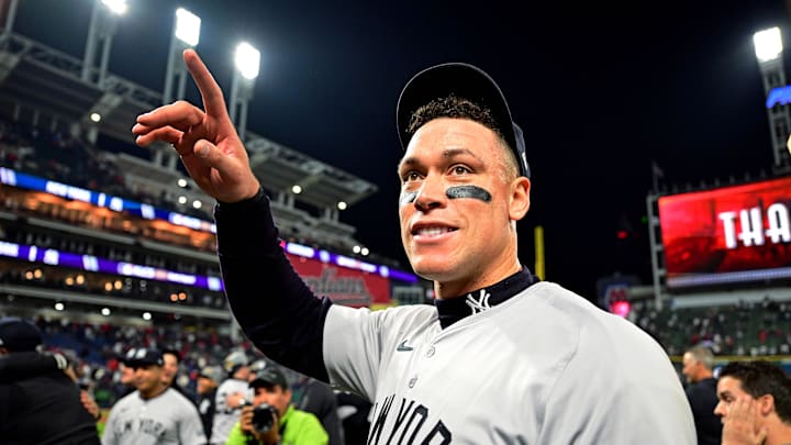 Oct 19, 2024; Cleveland, Ohio, USA; New York Yankees outfielder Aaron Judge (99) celebrates after beating the Cleveland Guardians during game five of the ALCS for the 2024 MLB playoffs at Progressive Field. Mandatory Credit: David Dermer-Imagn Images