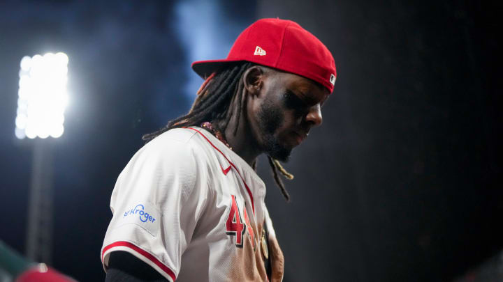 Cincinnati Reds shortstop Elly De La Cruz (44) heads for the clubhouse after the ninth inning of the MLB National League game between the Cincinnati Reds and the Pittsburgh Pirates at Great American Ball Park on Monday, June 24, 2024. The Reds won 11-5. Cincinnati Reds shortstop Elly De La Cruz (44) heads for the clubhouse after the ninth inning of the MLB National League game between the Cincinnati Reds and the Pittsburgh Pirates at Great American Ball Park on Monday, June 24, 2024. The Reds won 11-5.