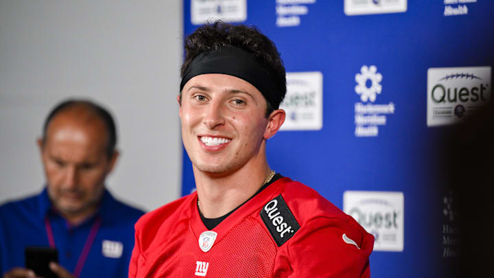 Jun 18, 2025; East Rutherford, NJ, USA; New York Giants quarterback Tommy DeVito (15) speaks at a press conference during minicamp at Quest Diagnostics Training Center. Mandatory Credit: John Jones-Imagn Images