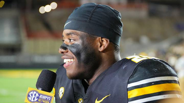 Nov 15, 2025; Columbia, Missouri, USA; Missouri Tigers running back Ahmad Hardy (29) speaks to media after the win over the Mississippi State Bulldogs at Faurot Field at Memorial Stadium. Mandatory Credit: Denny Medley-Imagn Images