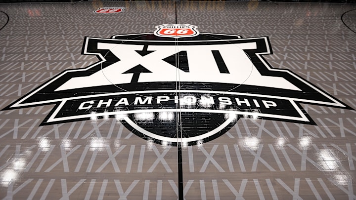 Mar 11, 2025; Kansas City, MO, USA; Big 12 logo center court prior to the game between the Cincinnati Bearcats and the Oklahoma State Cowboys at T-Mobile Center. Mandatory Credit: William Purnell-Imagn Images