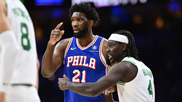Nov 8, 2023; Philadelphia, Pennsylvania, USA; Boston Celtics guard Jrue Holiday (4) defends Philadelphia 76ers center Joel Embiid (21) in the third quarter at Wells Fargo Center. Mandatory Credit: Kyle Ross-Imagn Images Nov 8, 2023; Philadelphia, Pennsylvania, USA; Boston Celtics guard Jrue Holiday (4) defends Philadelphia 76ers center Joel Embiid (21) in the third quarter at Wells Fargo Center. Mandatory Credit: Kyle Ross-Imagn Images