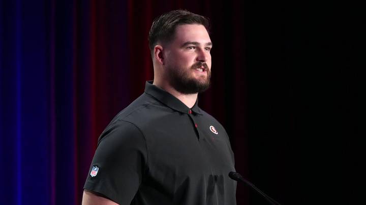 San Francisco, CA, USA; San Francisco 49ers lineman Colton McKivitz speaks during the Bay Area host committee press conference at the Super Bowl LX media center at the Moscone Center. Mandatory Credit: Kirby Lee-Imagn Images