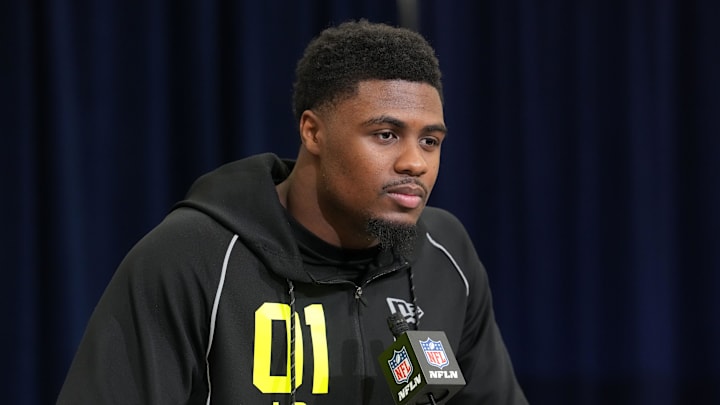 Feb 25, 2026; Indianapolis, IN, USA; Georgia linebacker CJ Allen (LB01) speaks during the NFL Scouting Combine at the Indiana Convention Center. Mandatory Credit: Kirby Lee-Imagn Images