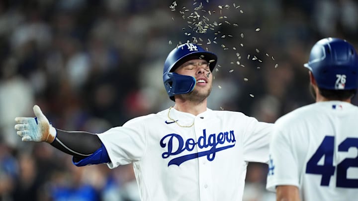Apr 15, 2026; Los Angeles, California, USA; Los Angeles Dodgers designated hitter Dalton Rushing celebrates after hitting a grand slam home run in the eighth inning against the New York Mets at Dodger Stadium. Mandatory Credit: Kirby Lee-Imagn Images