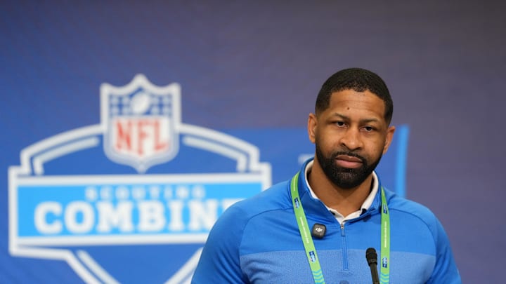 Feb 24, 2026; Indianapolis, IN, USA; Cleveland Browns general manager Andrew Berry speaks at the NFL Scouting Combine at the Indiana Convention Center. Mandatory Credit: Kirby Lee-Imagn Images