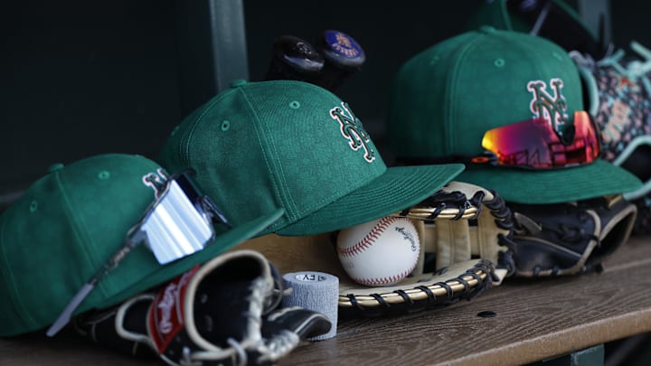 A general view of the New York Mets hats for St' Patrick's Day against the Miami Marlins during the second inning at Roger Dean Chevrolet Stadium on March 17.