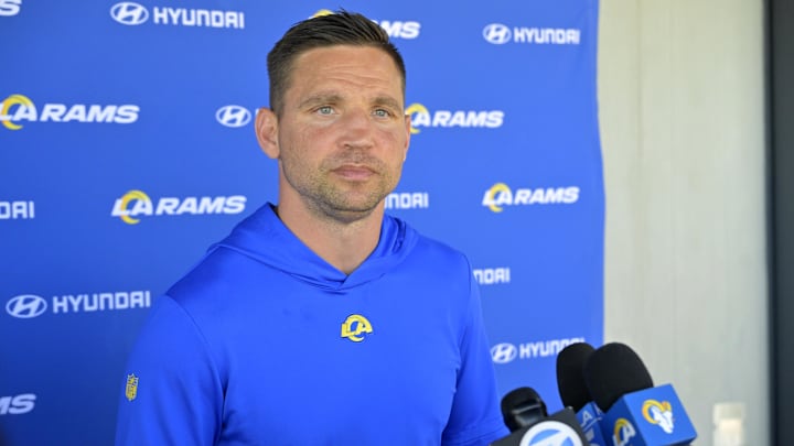 May 28, 2024; Thousand Oaks, CA, USA; Los Angeles Rams defensive coordinator Chris Shula speaks to the media following OTAs at the team training facility at California Lutheran University. Mandatory Credit: Jayne Kamin-Oncea-Imagn Images May 28, 2024; Thousand Oaks, CA, USA; Los Angeles Rams defensive coordinator Chris Shula speaks to the media following OTAs at the team training facility at California Lutheran University. Mandatory Credit: Jayne Kamin-Oncea-Imagn Images