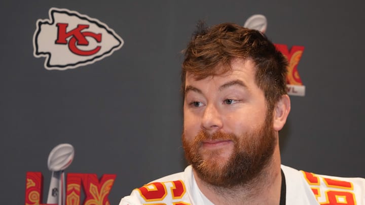 Feb 4, 2025; New Orleans, LA, USA;  Kansas City Chiefs guard Joe Thuney (62) at a press conference in advance of Super Bowl LIX at New Orleans Marriott. Mandatory Credit: Kirby Lee-Imagn Images