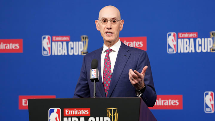Dec 16, 2025; Las Vegas, Nevada, USA; NBA commissioner Adam Silver speaks during press conference at the Emirates NBA Cup Final at T-Mobile Arena. Mandatory Credit: Kirby Lee-Imagn Images