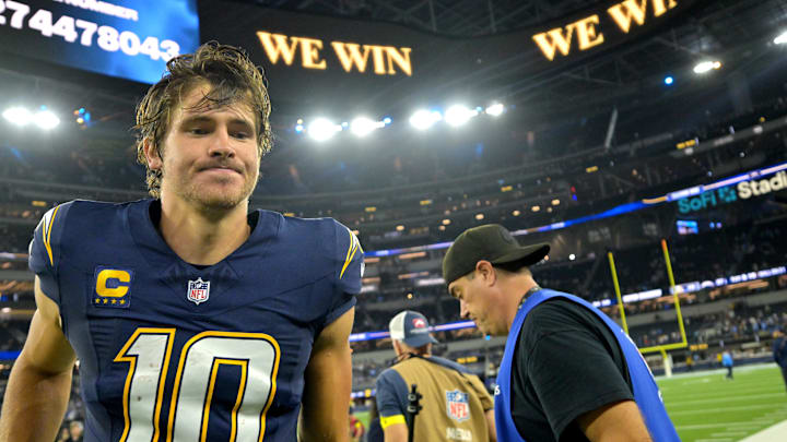 Oct 23, 2025; Inglewood, California, USA;  Los Angeles Chargers quarterback Justin Herbert (10) as he leaves the field following the game against the Minnesota Vikings at SoFi Stadium. Mandatory Credit: Jayne Kamin-Oncea-Imagn Images