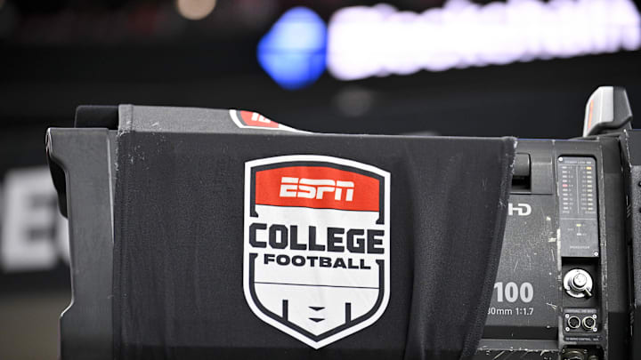 A view of a tv camera and the ESPN college football logo before the game between the Texas Tech Red Raiders and the BYU Cougars/
