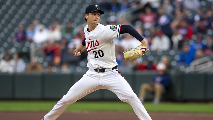 Apr 14, 2026; Minneapolis, Minnesota, USA; Minnesota Twins starting pitcher Mick Abel (20) delivers a pitch against the Boston Red Sox in the first inning at Target Field. Mandatory Credit: Jesse Johnson-Imagn Images