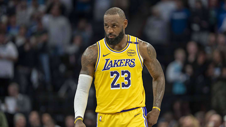Apr 25, 2025; Minneapolis, Minnesota, USA; Los Angeles Lakers forward LeBron James (23) looks on against the Minnesota Timberwolves in the second half during game three of first round for the 2024 NBA Playoffs at Target Center. Mandatory Credit: Jesse Johnson-Imagn Images