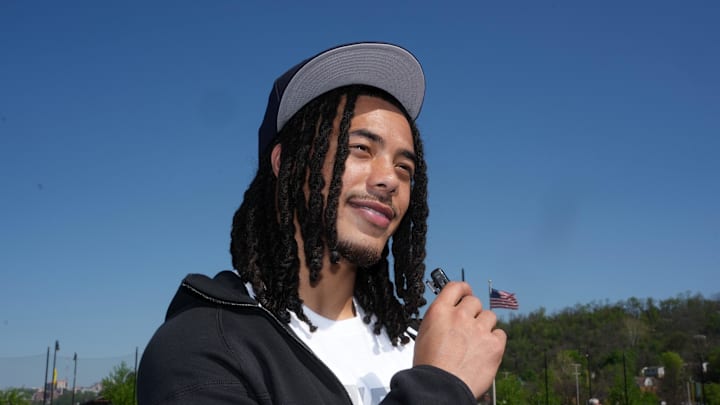 Apr 22, 2026; Pittsburgh, PA, USA; Southern California Trojans receiver Makai Lemon during the NFL Draft prospects clinic at Hazelwood Green Park. Mandatory Credit: Kirby Lee-Imagn Images