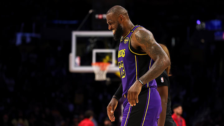 Feb 28, 2025; Los Angeles, California, USA; Los Angeles Lakers forward LeBron James (23) reacts after a play during the fourth quarter against the LA Clippers at Crypto.com Arena. Mandatory Credit: Jason Parkhurst-Imagn Images