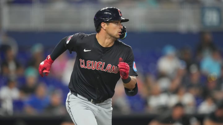 Jun 9, 2024; Miami, Florida, USA; Cleveland Guardians center fielder Tyler Freeman (2) hits a single against the Miami Marlins in the ninth inning at loanDepot Park. Mandatory Credit: Jim Rassol-USA TODAY Sports Jun 9, 2024; Miami, Florida, USA; Cleveland Guardians center fielder Tyler Freeman (2) hits a single against the Miami Marlins in the ninth inning at loanDepot Park. Mandatory Credit: Jim Rassol-USA TODAY Sports