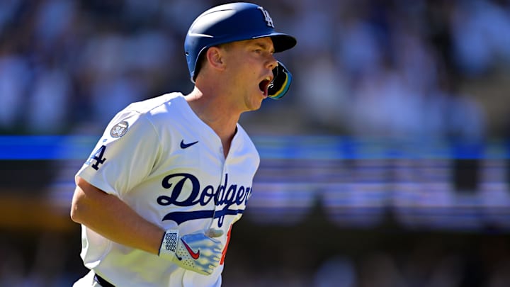 Aug 31, 2025; Los Angeles, California, USA;  Los Angeles Dodgers catcher Will Smith (16) celebrates as he rounds the bases on a walk-off home run in the ninth inning against the Arizona Diamondbacks at Dodger Stadium. Mandatory Credit: Jayne Kamin-Oncea-Imagn Images