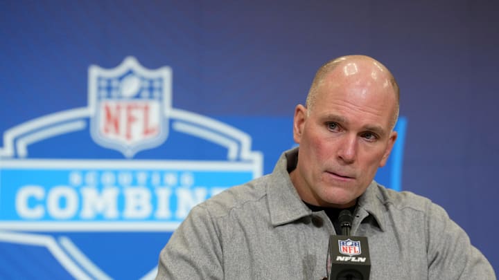Feb 24, 2026; Indianapolis, IN, USA; Baltimore Ravens general manager Eric DeCosta speaks at the NFL Scouting Combine at the Indiana Convention Center. Mandatory Credit: Kirby Lee-Imagn Images