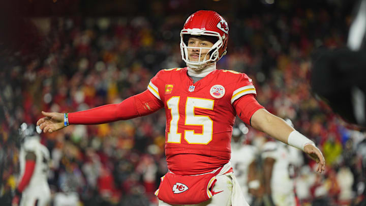 Jan 18, 2025; Kansas City, Missouri, USA; Kansas City Chiefs quarterback Patrick Mahomes (15) reacts during the fourth quarter of a 2025 AFC divisional round game against the Houston Texans at GEHA Field at Arrowhead Stadium.