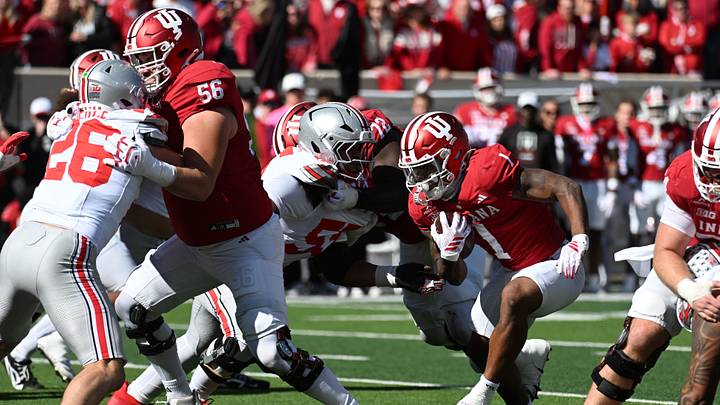 Oct 17, 2026; Bloomington, Indiana, USA; Indiana Hoosiers running back Turbo Richard (1) carries the ball during the first half against the Ohio State Buckeyes at Merchants Bank Field at Memorial Stadium. Mandatory Credit: Robert Goddin-Imagn Images Oct 17, 2026; Bloomington, Indiana, USA; Indiana Hoosiers running back Turbo Richard (1) carries the ball during the first half against the Ohio State Buckeyes at Merchants Bank Field at Memorial Stadium. Mandatory Credit: Robert Goddin-Imagn Images