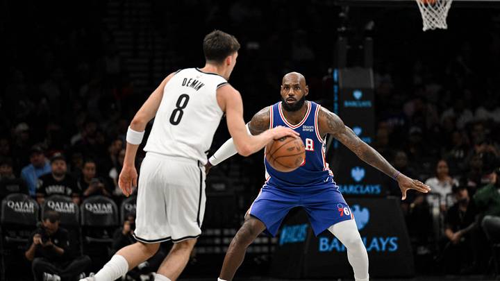 Oct 8, 2026; Brooklyn, New York, USA; Philadelphia 76ers forward Lebron James (23) defends Brooklyn Nets guard Egor Demin (8) during the first half at Barclays Center. Mandatory Credit: John Jones-Imagn Images Oct 8, 2026; Brooklyn, New York, USA; Philadelphia 76ers forward Lebron James (23) defends Brooklyn Nets guard Egor Demin (8) during the first half at Barclays Center. Mandatory Credit: John Jones-Imagn Images