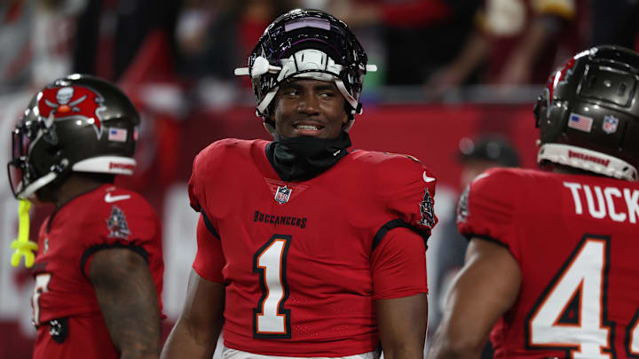 Jan 12, 2025; Tampa, Florida, USA; Tampa Bay Buccaneers running back Rachaad White (1) warms up before a NFC wild card playoff against the Washington Commanders at Raymond James Stadium. Mandatory Credit: Kim Klement Neitzel-Imagn Images Jan 12, 2025; Tampa, Florida, USA; Tampa Bay Buccaneers running back Rachaad White (1) warms up before a NFC wild card playoff against the Washington Commanders at Raymond James Stadium. Mandatory Credit: Kim Klement Neitzel-Imagn Images