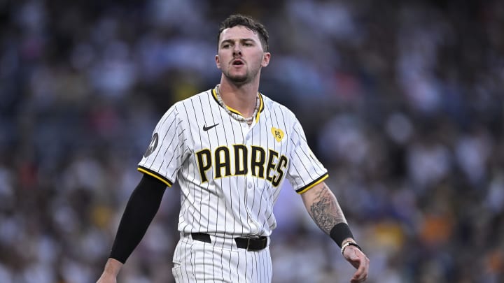Jun 20, 2024; San Diego, California, USA; San Diego Padres center fielder Jackson Merrill (3) looks on after striking out to end the third inning against the Milwaukee Brewers at Petco Park. Mandatory Credit: Orlando Ramirez-USA TODAY Sports