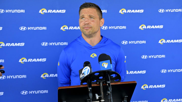 May 28, 2024; Thousand Oaks, CA, USA; Los Angeles Rams defensive coordinator Chris Shula speaks to the media following OTAs at the team training facility at California Lutheran University. Mandatory Credit: Jayne Kamin-Oncea-Imagn Images May 28, 2024; Thousand Oaks, CA, USA; Los Angeles Rams defensive coordinator Chris Shula speaks to the media following OTAs at the team training facility at California Lutheran University. Mandatory Credit: Jayne Kamin-Oncea-Imagn Images