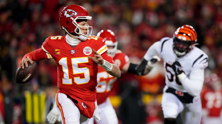 Kansas City Chiefs quarterback Patrick Mahomes (15) runs out of the pocket in the second quarter
