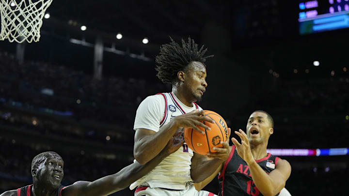 Apr 3, 2023; Houston, TX, USA; Connecticut Huskies guard Tristen Newton (2) grabs the ball against