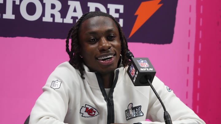 Feb 3, 2025; New Orleans, LA, USA; Kansas City Chiefs wide receiver Xavier Worthy (1) during Super Bowl LIX Opening Night at Ceasars Superdome. Mandatory Credit: Kirby Lee-Imagn Images